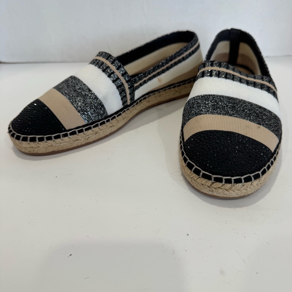 INC women’s slip on espadrille size 10 tan, black, white and grey canvas jute